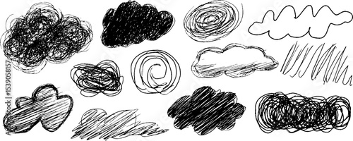 Artistic collection of twelve chaotic hand-drawn cloud forms for creative design