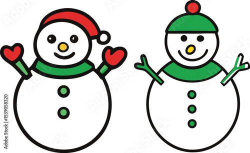 Two Cute Snowmen with Hats and Mittens Vector Illustration