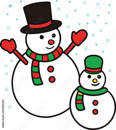 Two cute snowmen with colorful accessories in a winter scene
