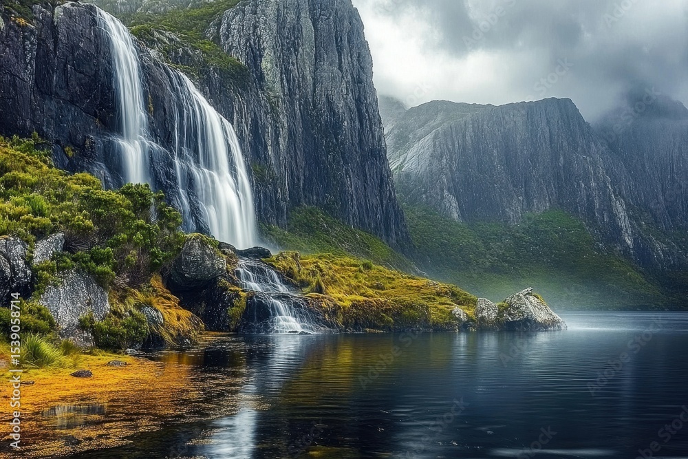 Naklejka premium Exploring the breathtaking Tasmania Waterfall and its unique geological features, Unique nature and geology of Tasmania Waterfall falls from high cliff