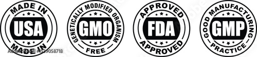 Set of 4 Product Badges – Made in USA, GMO Free, GMP Certified, Approved Label Vector Icons