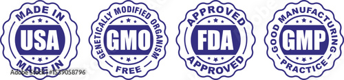 Set of 4 Product Badges – Made in USA, GMO Free, GMP Certified, Approved Label Vector Icons