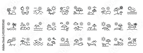 Set of Summer Vacation and Beach Icons – Collection of Line Art Illustrations of Swimming, Sunbathing, Relaxation, and Ocean Activities
