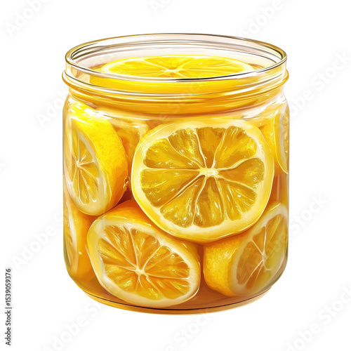 Jar of Fresh Lemon Slices in Bright Yellow Syrup, Perfect for Drinks and Desserts on transparent background