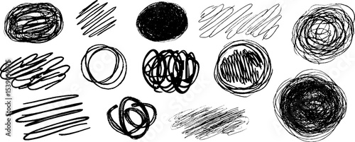 Abstract collection of twelve layered sketch elements for artistic design projects