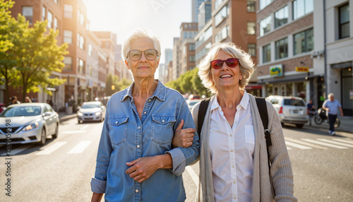 Two women smiling while crossing a busy street, friendship and support