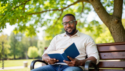 Engaged reading by disabled Black man in sunny park, learning joy