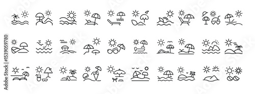 Set of Beach Vacation and Summer Holiday Line Icons – Collection of Tropical Relaxation, Sunbathing, and Seaside Leisure Symbols