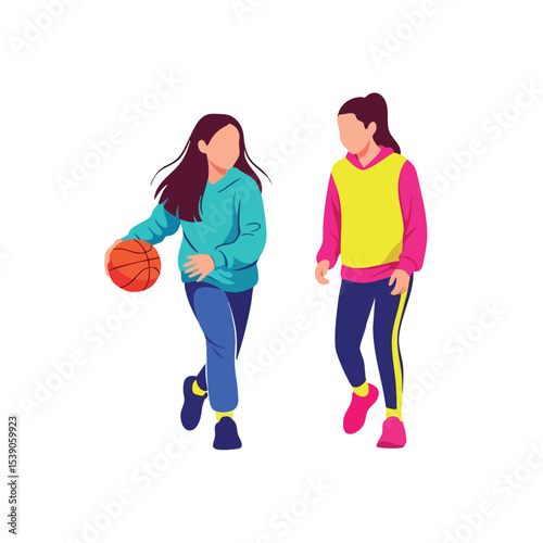 Flat Illustration Active Girls Playing Basketball Sport Activity Lifestyle