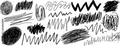 Abstract collection of twelve artistic scribble marks for creative design