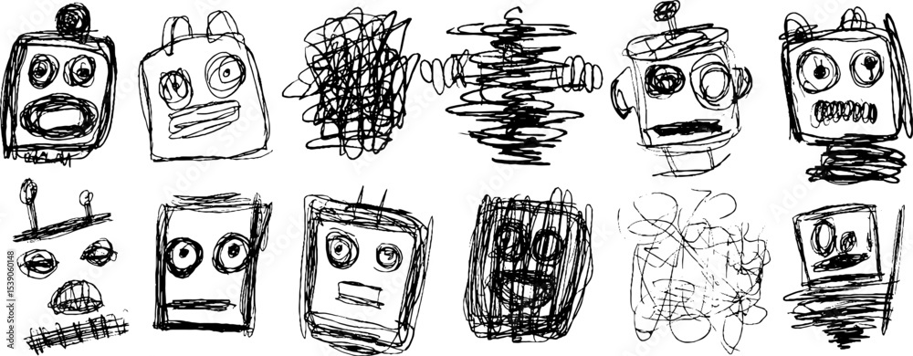 Collection of hand drawn doodle robot heads for creative design concepts
