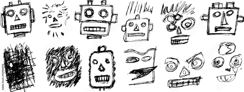 Fototapeta premium Whimsical collection of hand drawn robot head doodles for creative designs