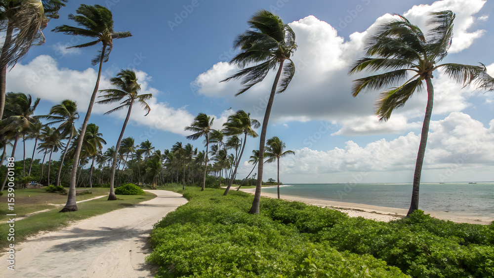Naklejka premium palm tree on the beach,Scenic Coastal Pathway Lined with Palm Trees and Ocean View