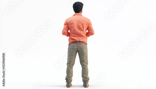 Indian Man Gazing Into The Distance From Behind On A White Background In Full-Length Image.