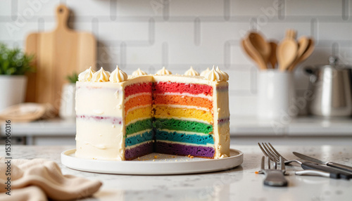 Vibrant rainbow layer cake in cozy kitchen setting, celebration of pride