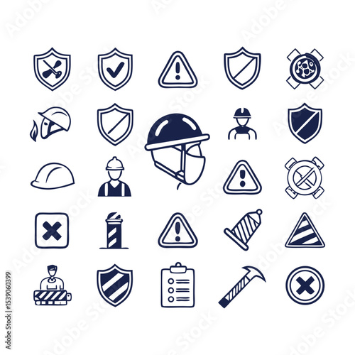 Vector Line Icon Set for Safety and Protection | Adjustable Stroke Icons | Helmet, First Aid Kit, Lock, Fire Alarm, Hazard Sign, Emergency Equipment, and Security Tools