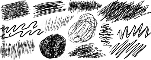 Artistic collection of twelve unique scribbled brush strokes for creative design or background use