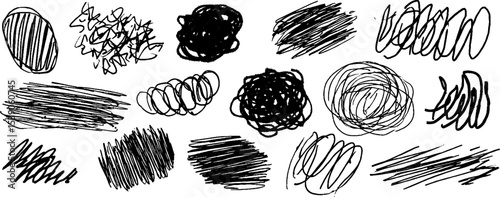 Collection of twelve hand-drawn scribbled tangles for creative design projects