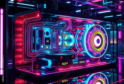Sleek, vibrant futuristic quantum computer; intricate internal components, liquid cooling system, glowing circuits,  energy,  illustration
