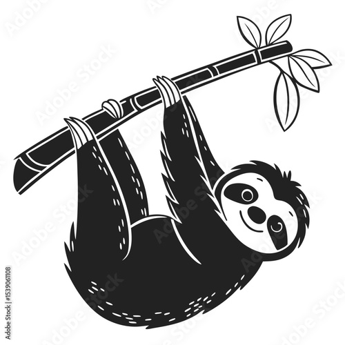 Black and White Illustration of a Smiling Sloth Hanging Upside Down from a Tree Branch with Leaves Adorning the Scene