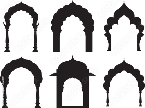  Six diverse Indian architectural arches and frames, traditional patterns and temple gate silhouettes