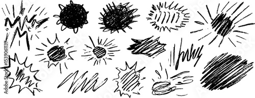 Dynamic collection of twelve hand-drawn sketchy blast forms for creative design