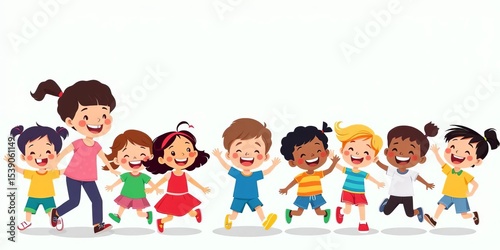 Smiling cartoon children of diverse ethnicities playing, running, and laughing in a flat design style,  joyful,  vector illustration