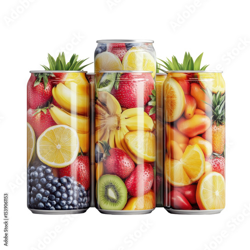Vibrant Fruit-Infused Beverage Cans Featuring Strawberries, Bananas, Pineapples, and Lemons in a Bright, Refreshing Display on transparent background