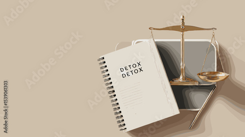 Detox notebook with golden scales and gavel on beige table background legal wellness healthy lifestyle