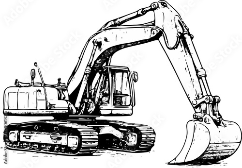 Hand-drawn monochrome illustration of an excavator with detailed tracks, bucket, arm, and cabin, emphasizing industrial strength and construction utility. Ideal for engineering, excavation, and heavy 