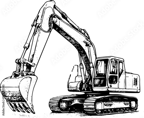 Hand-drawn monochrome illustration of an excavator with detailed tracks, bucket, arm, and cabin, emphasizing industrial strength and construction utility. Ideal for engineering, excavation, and heavy 
