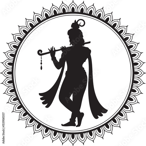 Lord Krishna silhouette playing flute in detailed mandala circle