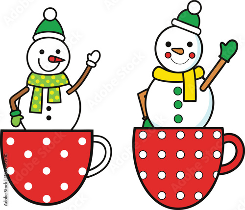 Two Cartoon Snowmen in Polka Dot Mugs Waving Hello