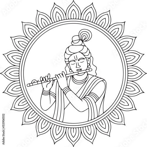 Lord Krishna playing flute in lotus mandala, traditional Hindu deity line art illustration