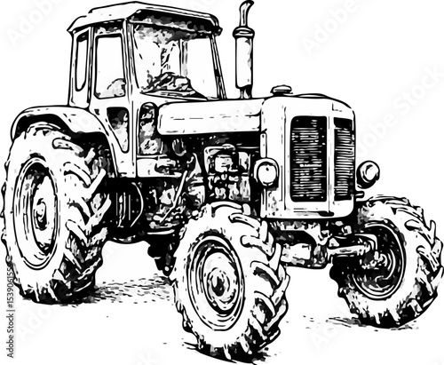 Hand-drawn black and white illustration of a tractor with large tires, detailed engine components, and a sturdy cabin. Ideal for agricultural, farming, and heavy machinery-themed design projects