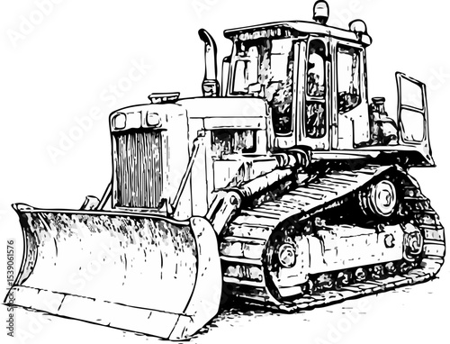 Hand-drawn black and white illustration of a bulldozer with a large front blade, caterpillar tracks, and a detailed cabin. Ideal for construction, heavy machinery, and engineering-related projects