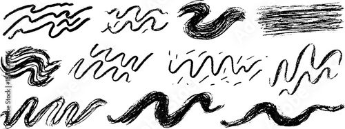 Abstract collection of twelve hand-drawn warped wave shapes for creative design