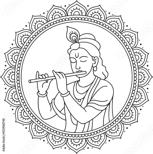 Lord Krishna playing flute outline line art in detailed mandala circle