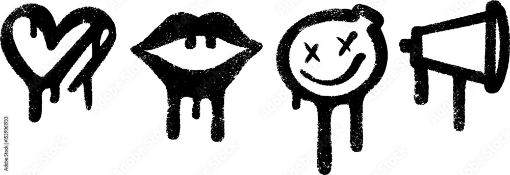 Urban graffiti art set featuring bubble gum, tongue, heart, and megaphone icons