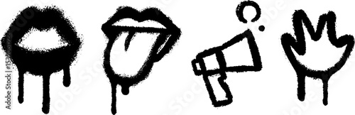 Graffiti icons featuring bubble gum, tongue, megaphone, and hand art for urban design