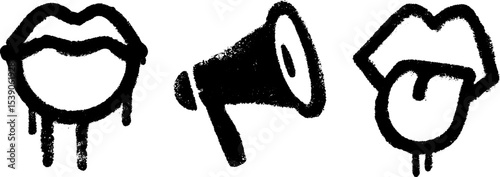 Bold graffiti icons: bubble gum, tongue, and megaphone for urban design