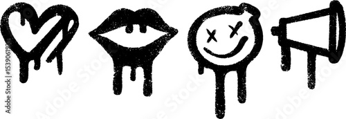 Urban graffiti art set featuring bubble gum, tongue, heart, and megaphone icons