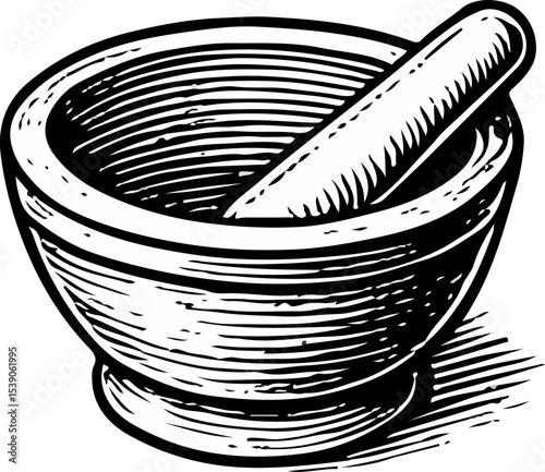 Vintage hand-drawn black and white illustration of a mortar and pestle. Engraving style ideal for pharmacy, herbal medicine, apothecary, or traditional remedy-themed designs
