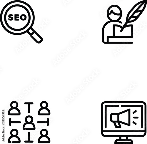 Essential Digital Marketing Icons for SEO, Writing, Audience, and Promotion