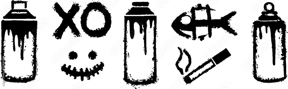 Naklejka premium Urban graffiti elements featuring fishbone, bottle, and cigarette motifs for creative design