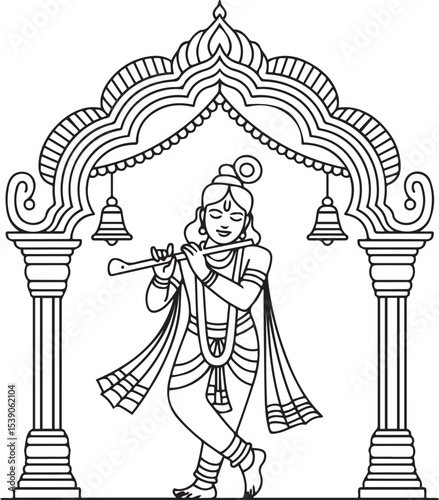 Lord Krishna playing flute under an archway with bells, traditional Hindu deity line art illustration