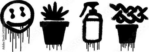 Urban graffiti art featuring smiley face and plant pots with dripping spray paint effect