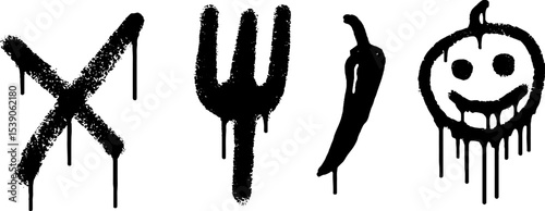 Urban graffiti art featuring fork, bandana, chili pepper, and smiling pumpkin