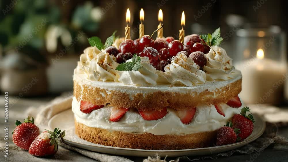 A delicious cake adorned with fresh strawberries and vibrant candles for celebrations.
