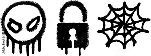Mysterious symbols featuring keyhole padlock and spider web graffiti art